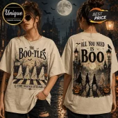 Beige cotton t-shirt with The Boo-tles graphic of four ghosts crossing a street and All You Need Is Boo back print.!