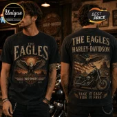 Black vintage-wash t-shirt featuring The Eagles and Harley-Davidson graphics with a bald eagle and American flag.!