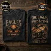Black cotton t-shirts with The Eagles and Harley-Davidson graphics, featuring bald eagles, a motorcycle, and desert art.!
