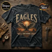 Black vintage-wash t-shirt with graphic of an eagle, sun, desert landscape, and Harley-Davidson motorcycle emblem.!