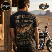 Black vintage-wash t-shirt featuring a Harley-Davidson motorcycle, bald eagle, American flag, and text on the back.!