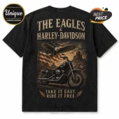 Black vintage-wash t-shirt featuring a Harley-Davidson motorcycle, an American bald eagle, and US flag in a desert landscape.!