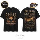 Black vintage-wash t-shirt with The Eagles and Harley-Davidson graphics, featuring a bald eagle, motorcycle, and US flag.!