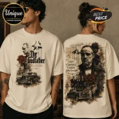 Off-white oversized cotton t-shirt featuring The Godfather movie graphics, vintage car, red rose, and quote print.!