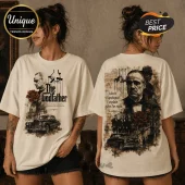Off-white oversized cotton t-shirt featuring The Godfather movie graphics, vintage car, rose, and quote print on both sides.!