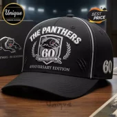 The Panthers 60th Anniversary Embroidered Logo Baseball Cap in black with silver thread detailing and a claw mark design.