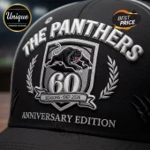 The Panthers 60th Anniversary Embroidered Logo Baseball Cap featuring a black panther crest and silver text on black fabric.