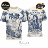 The Rolling Stones Premium Music Tour T-Shirt with blue ink print, featuring a guitarist, palm trees, and song titles.