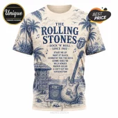 The Rolling Stones Premium Music Tour T-Shirt in cream featuring blue tropical art, guitar, and iconic song titles.