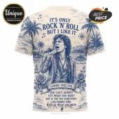 The Rolling Stones Premium Music Tour T-Shirt in beige with blue illustrations of Mick Jagger, palm trees, and lyrics.