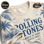 The Rolling Stones Premium Music Tour T-Shirt in cream with blue palm tree print and distressed vintage typography.