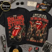 The Rolling Stones Vintage Tour I May Be Old T-Shirt featuring band logo, graphic band members, and classic red tongue.