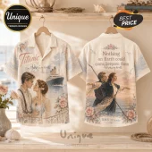 Cream-colored button-down shirt featuring Titanic Jack and Rose illustrations, floral accents, and ocean scenery.!