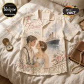 Titanic themed cream-colored button-up shirt featuring Jack and Rose illustration, the ship, and floral accents.!
