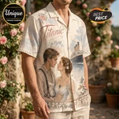 Cream button-down shirt featuring Jack and Rose from Titanic with the ship and floral accents in a watercolor style.!