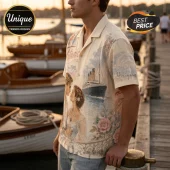 Cream-colored camp collar shirt featuring a Titanic print with Jack and Rose, ocean liner, and floral rose accents.!