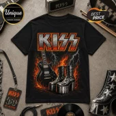 Vintage KISS I May Be Old Band Black T-Shirt featuring a flaming guitar, platform boots, and lightning bolt graphic art.