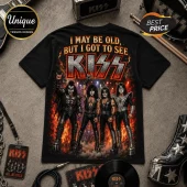 Vintage KISS I May Be Old Band Black T-Shirt featuring the band members, fire graphics, and the band logo on cotton.
