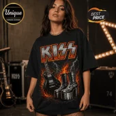 Vintage KISS I May Be Old Band Black T-Shirt featuring band logo, electric guitar, and platform boots over flames.