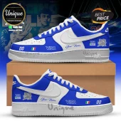 Visa Cash App RB Formula One Custom Air Force 1 Sneakers featuring blue and white panels with team branding and logos.
