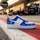 Visa Cash App RB Formula One Custom Air Force 1 Sneakers in blue and white with F1 branding on a track background.