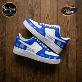 Visa Cash App RB Formula One Custom Air Force 1 Sneakers in blue and white with race-inspired decals on a wood background.