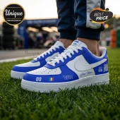 Visa Cash App RB Formula One Custom Air Force 1 Sneakers in blue and white with F1 branding on grass.