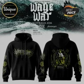 Wage War 2026 Australian Tour black hoodie featuring yellow graphic prints on the front, back, and sleeves.