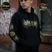 Wage War 2026 Australian Tour black hoodie featuring metallic gold band logo and intricate sleeve graphics on cotton fleece.