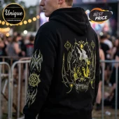 Wage War 2026 Australian Tour black hoodie featuring yellow and white graphic print on back and sleeve at a festival.