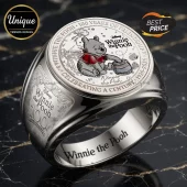 Winnie the Pooh 100th Anniversary silver ring featuring an engraved Pooh bear, honey pot, and commemorative text details.