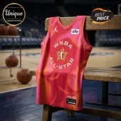 WNBA 2026 All-Star Chicago pink custom basketball jersey featuring an orange star logo draped over a wooden bench.