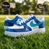 WNBA All-Star Blue White Custom Nike Air Force 1 sneakers with personalized text and basketball graphics on grass.
