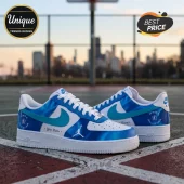 WNBA All-Star Blue White Custom Nike Air Force 1 Sneakers featuring gradient blue panels, white leather, and logo details.