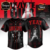 Yeat Love Lyfe Tour baseball jersey in black with red piping, featuring gothic crucifixes, bride imagery, and tour dates.!