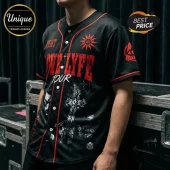 Black button-up baseball jersey with red piping, featuring Love-Lyfe Tour text, a cross graphic, and a sun emblem.!