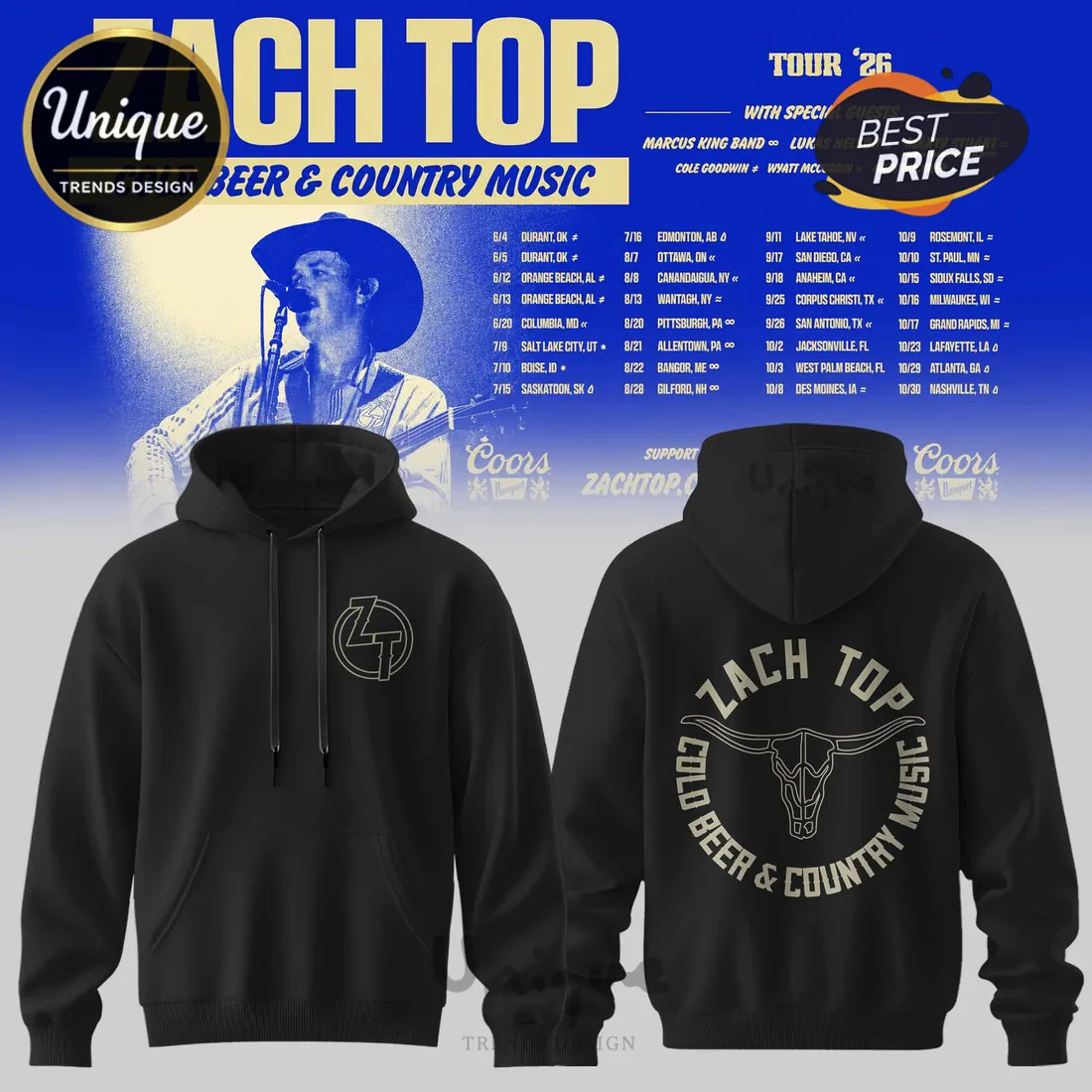 Zach Top Cold Beer and Country Music 2026 Tour Black Hoodie Zach Top Cold Beer and Country Music 2026 Tour Black Hoodie