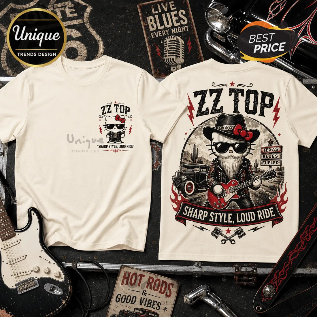 ZZ Top Texas Blues Kitty Road Trip Cream T-Shirt ZZ Top Texas Blues Kitty Road Trip Cream T-Shirt