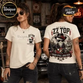 ZZ Top Texas Blues Kitty Road Trip Cream T-Shirt featuring a cartoon cat with a beard and guitar on a vintage cream shirt.