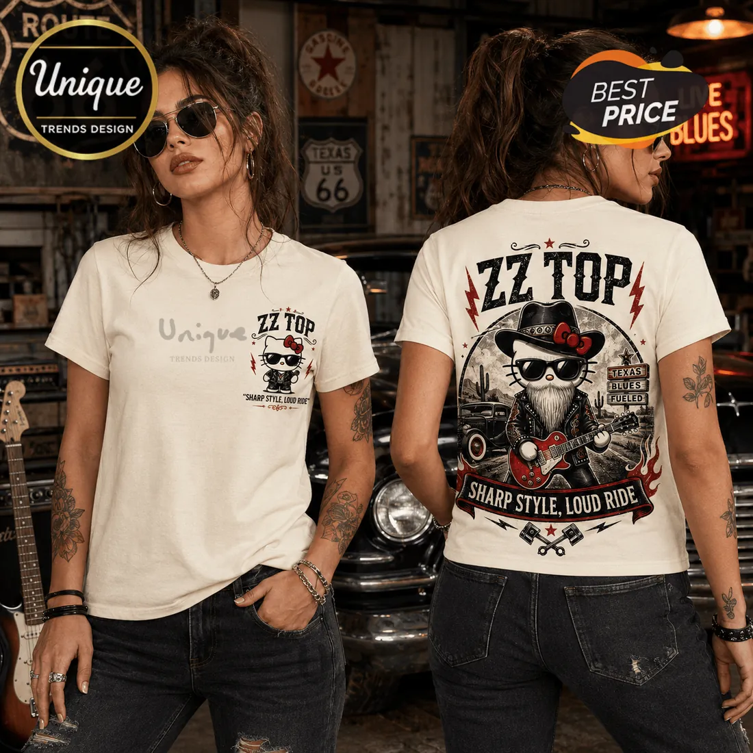 ZZ Top Texas Blues Kitty Road Trip Cream T-Shirt ZZ Top Texas Blues Kitty Road Trip Cream T-Shirt