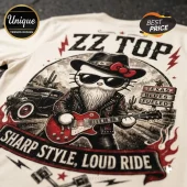 ZZ Top Texas Blues Kitty Road Trip Cream T-Shirt featuring a cat with a beard, sunglasses, and red guitar in a desert.