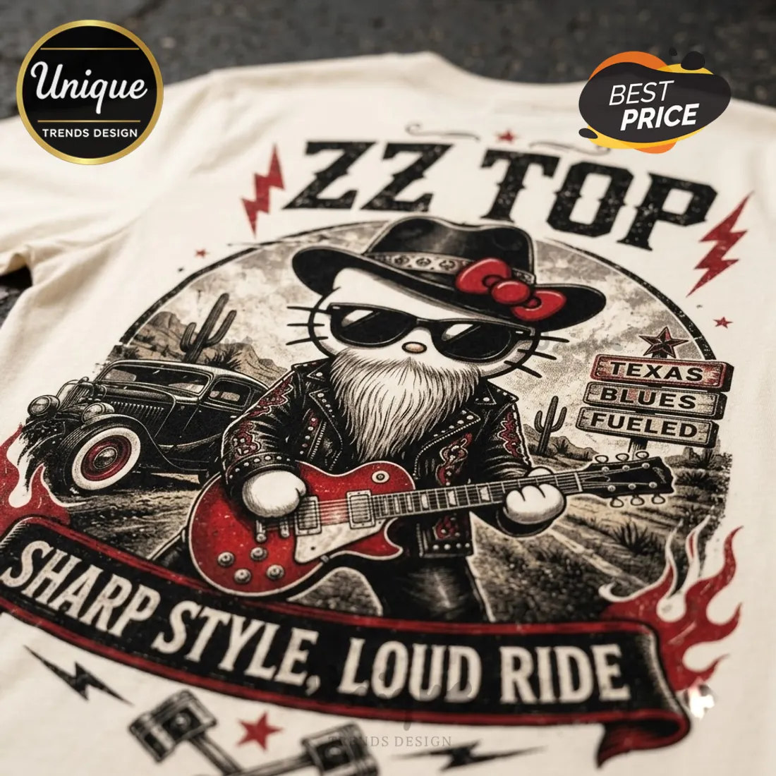 ZZ Top Texas Blues Kitty Road Trip Cream T-Shirt ZZ Top Texas Blues Kitty Road Trip Cream T-Shirt