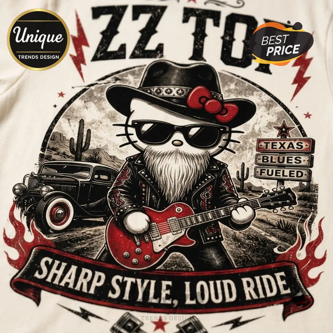 ZZ Top Texas Blues Kitty Road Trip Cream T-Shirt ZZ Top Texas Blues Kitty Road Trip Cream T-Shirt