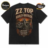 Black vintage-wash t-shirt with ZZ Top Harley-Davidson desert graphic, motorcycle, and guitar print on the back.!