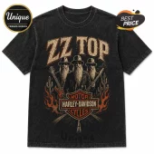 Black acid-wash t-shirt with vintage ZZ Top band graphic, Harley-Davidson logo, desert cactus motifs, and orange flames.!