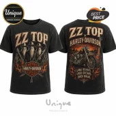 Vintage black mineral wash t-shirt featuring ZZ Top band members, Harley-Davidson logo, motorcycle, and desert graphics.!
