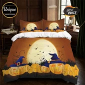 2026 Halloween Pumpkin Witch Hat Bedding Set featuring a full moon, bats, and jack-o'-lanterns in a rustic bedroom interior.