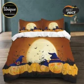2026 Halloween Pumpkin Witch Hat Bedding Set featuring orange pumpkins, purple witch hats, and a full moon background.