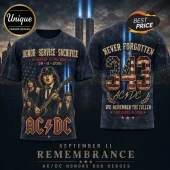 AC/DC 9-11 Tribute 343 Memorial T-Shirt featuring band members, twin tower lights, and patriotic graphic design elements.