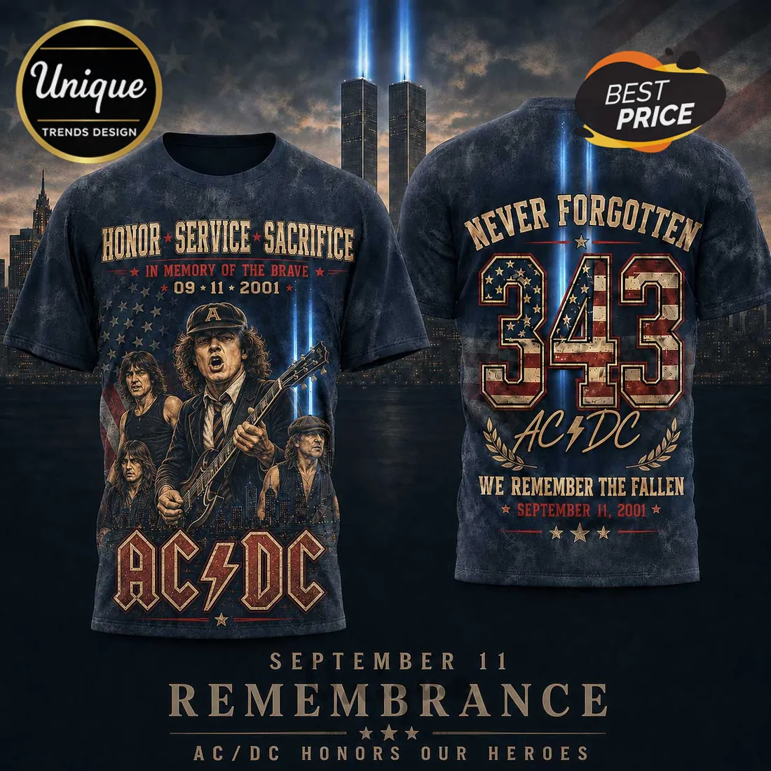 AC/DC 9-11 Tribute 343 Memorial T-Shirt AC/DC 9-11 Tribute 343 Memorial T-Shirt